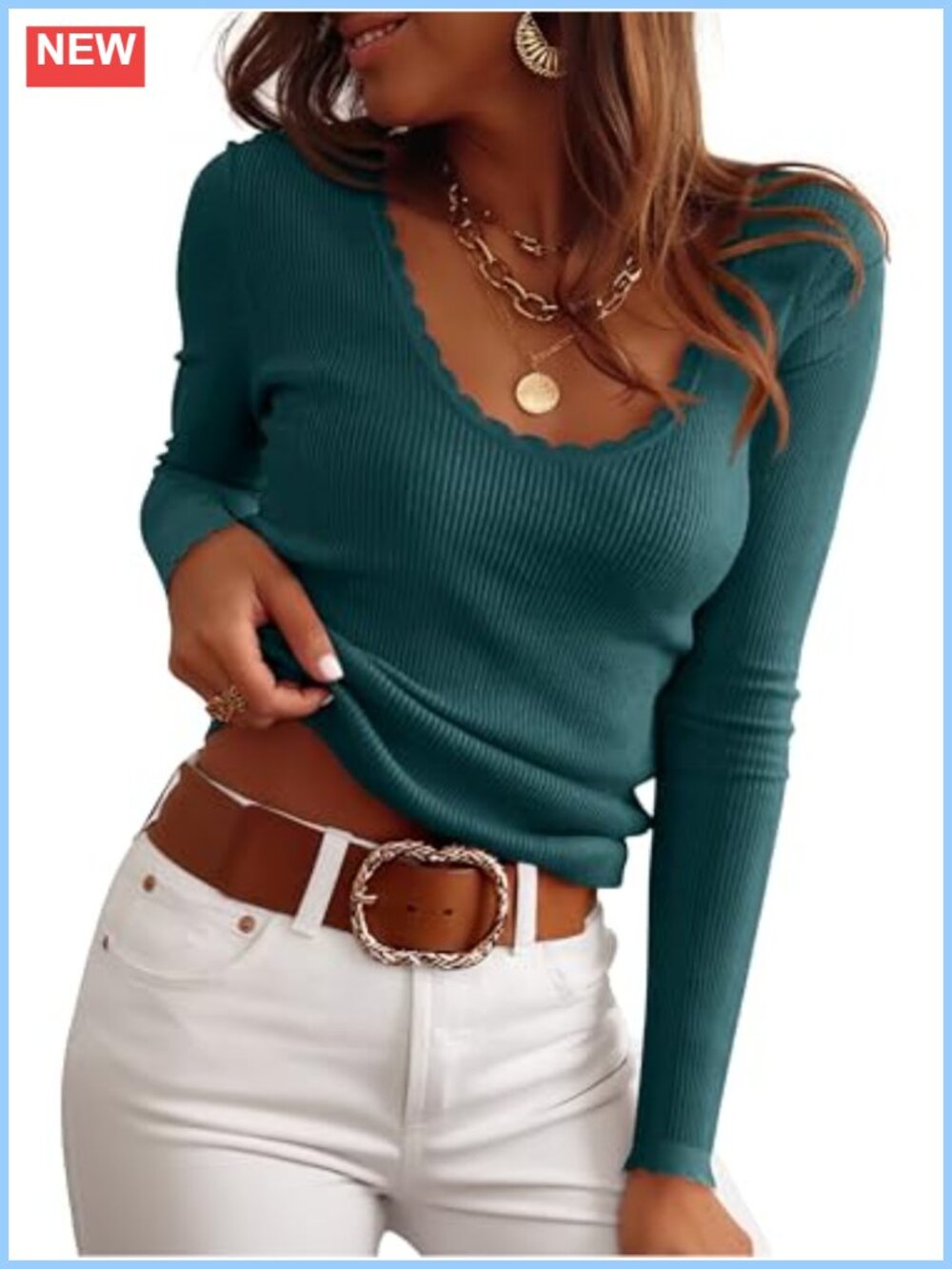 Women Ribbed Knit Scoop Neck Long Sleeve Pullover Sweater